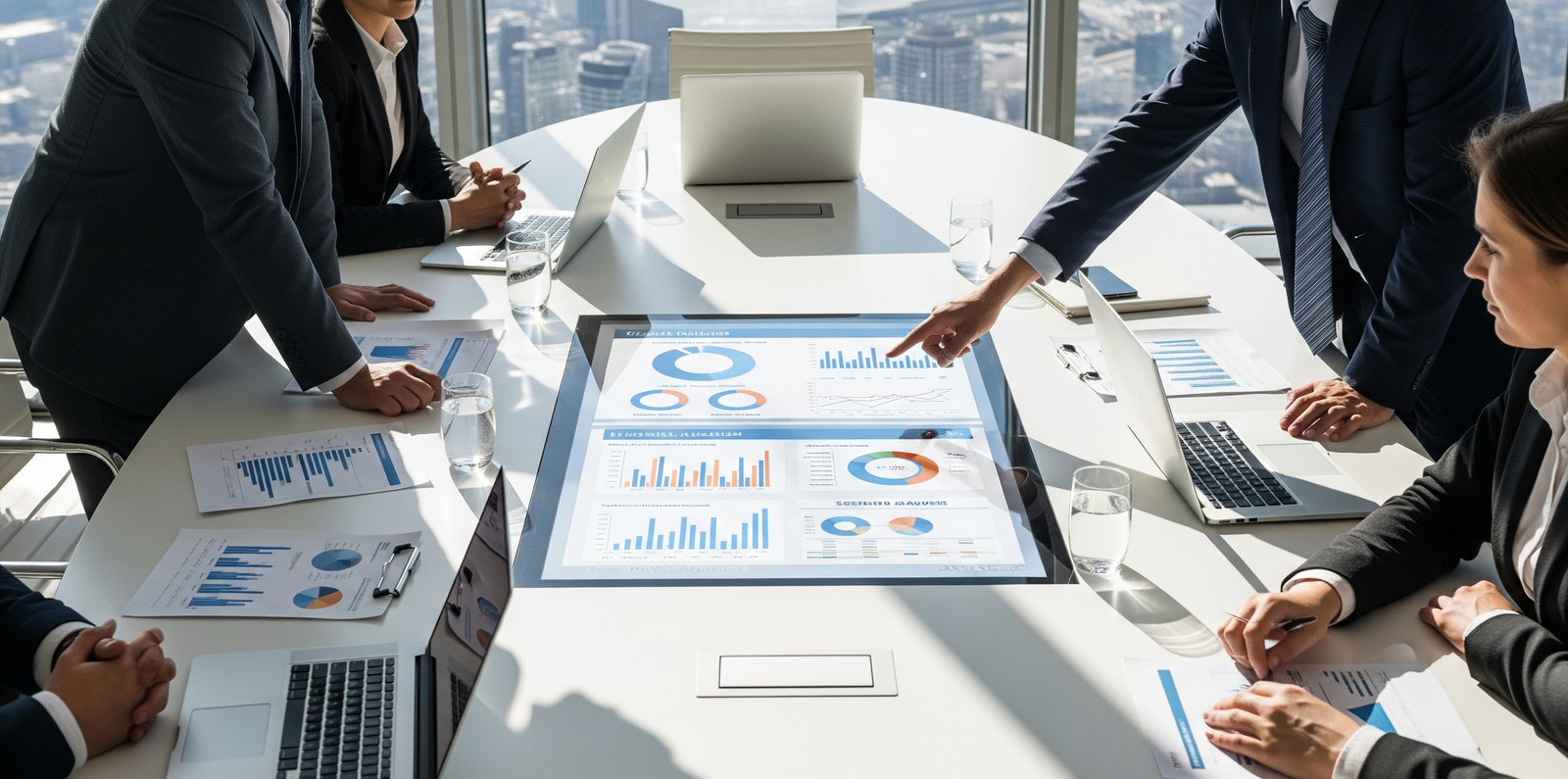 A strategic meeting showing charts and graphs related to financial planning and capital investment.