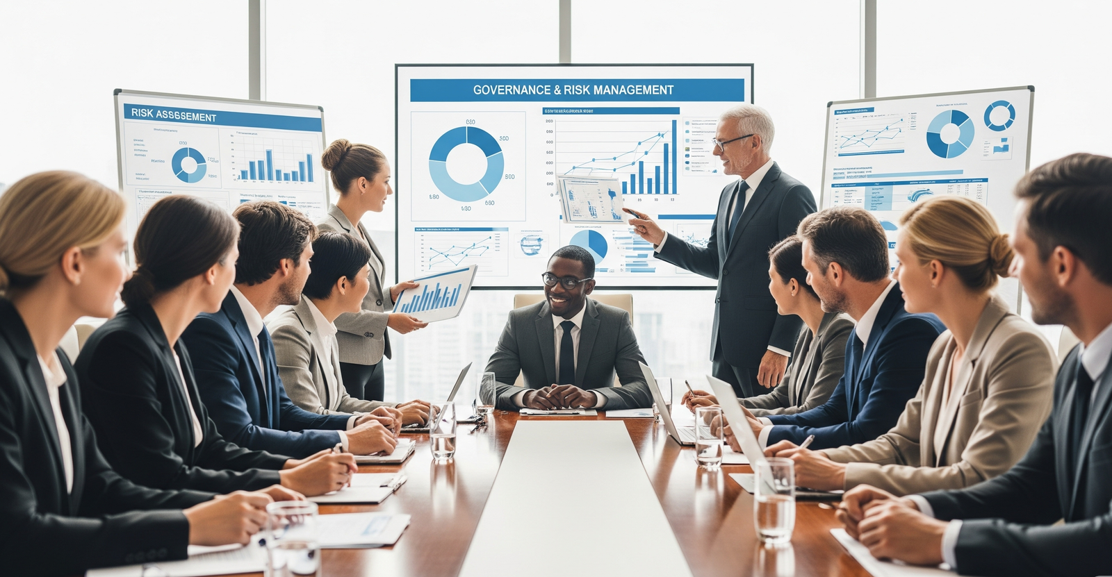 A team collaborating around a table with charts and diagrams, symbolizing risk and governance planning